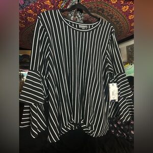 Bold elements cut to curve Black and White Tie Front Blouse bell sleeved